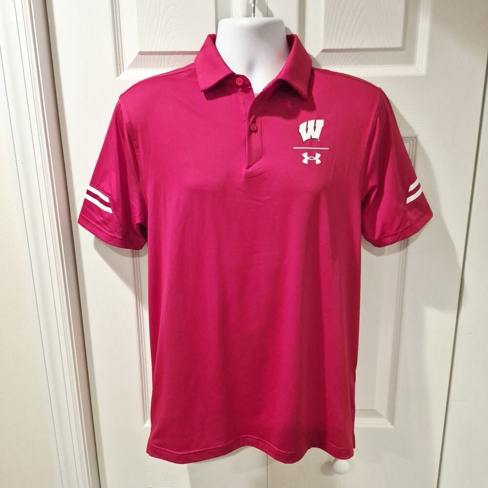 University Of Wisconsin Polo Shirt Mens Small Under Armour Red Heatgear Ncaa